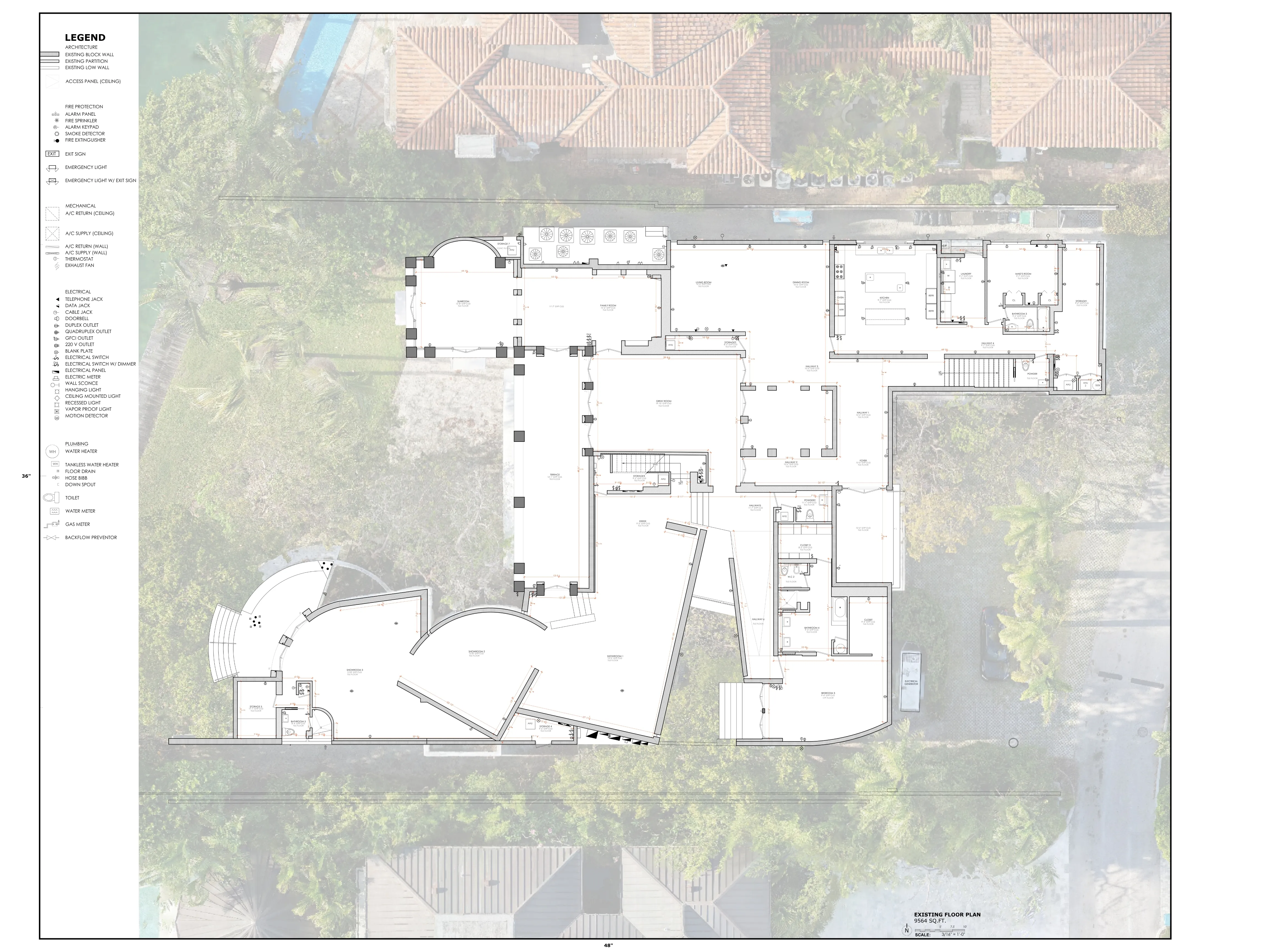 As-built floor plan overlay on aerial photography — Key Biscayne residential survey